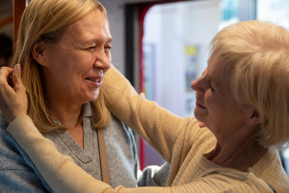 Side view smiley queer couple